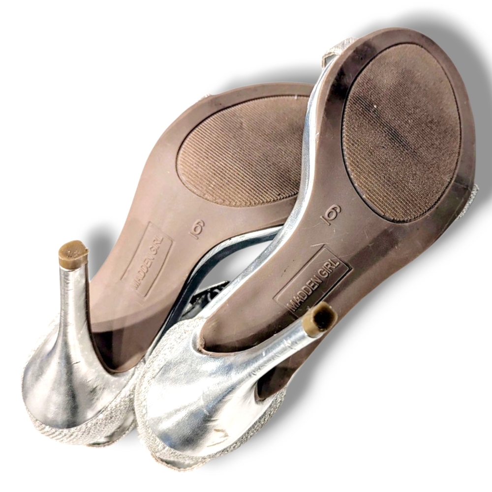 EUC Madden Girl Daphne Sparkly Silver High Heel Sandals W/ Ankle Strap Sz. 6 - Picture 10 of 13